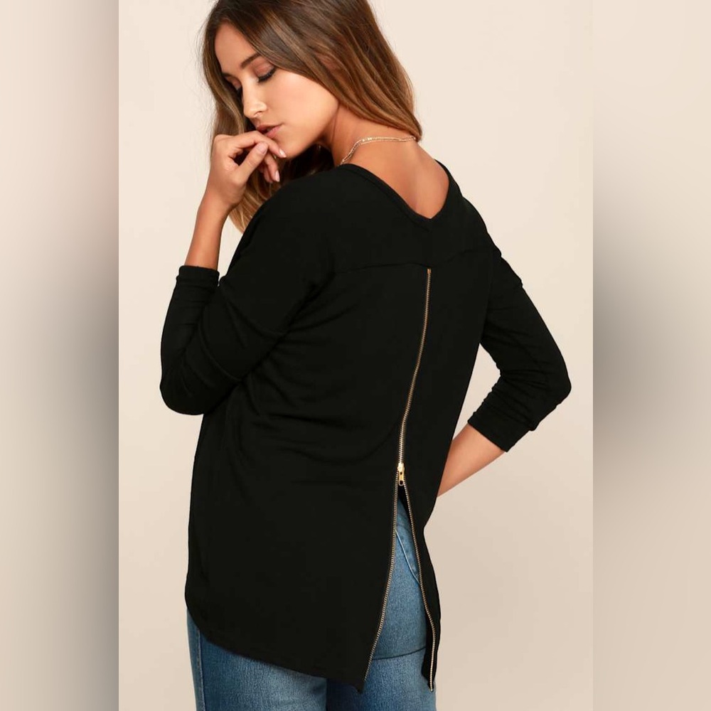Lulus Zip to My Lou Black Zip Back Top | Gold Zipper Tunic Sweater | XL